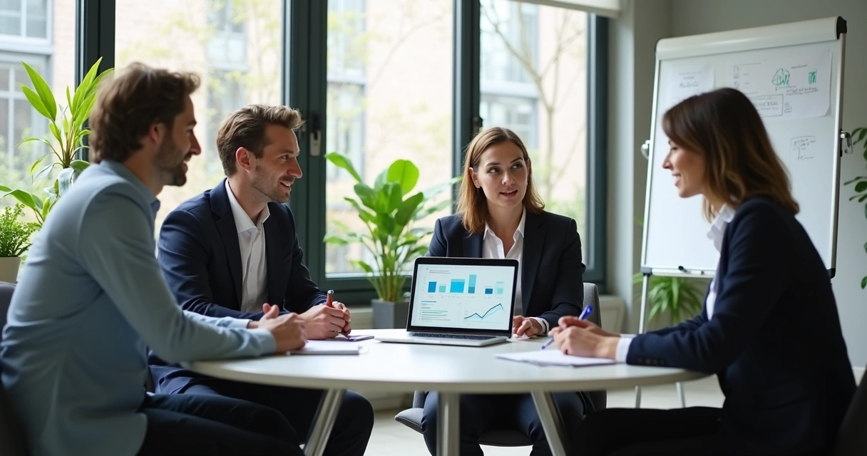 Equipe de vendas conversando com leads em ambiente moderno 