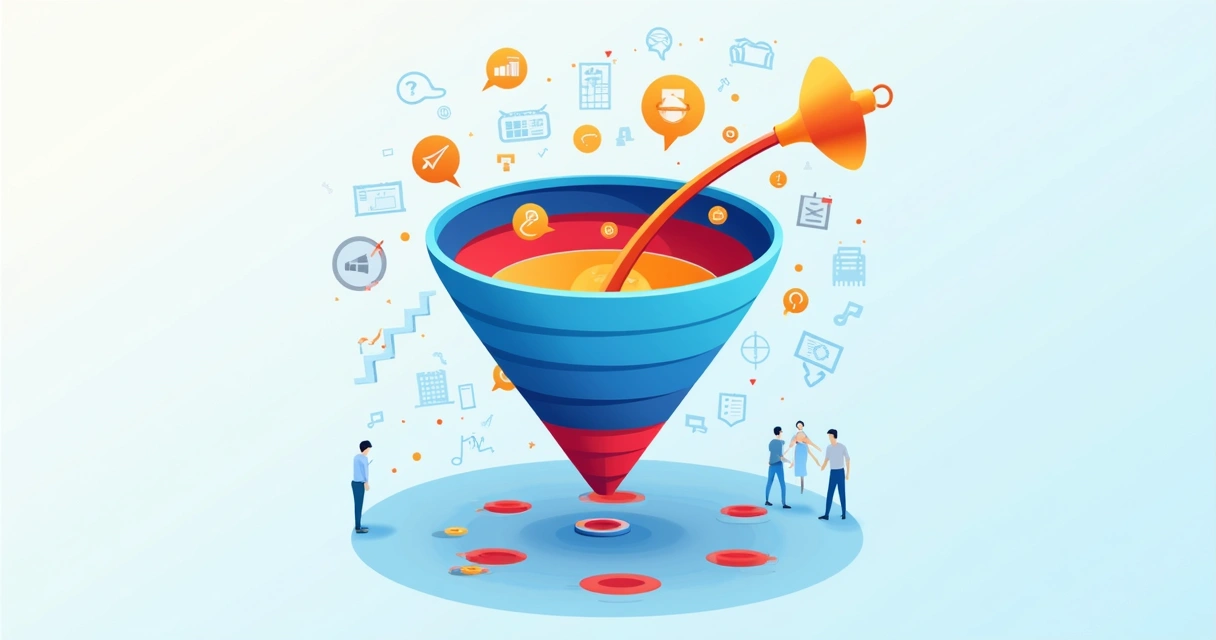 Ilustração de funil de vendas com leads inadequados caindo fora 