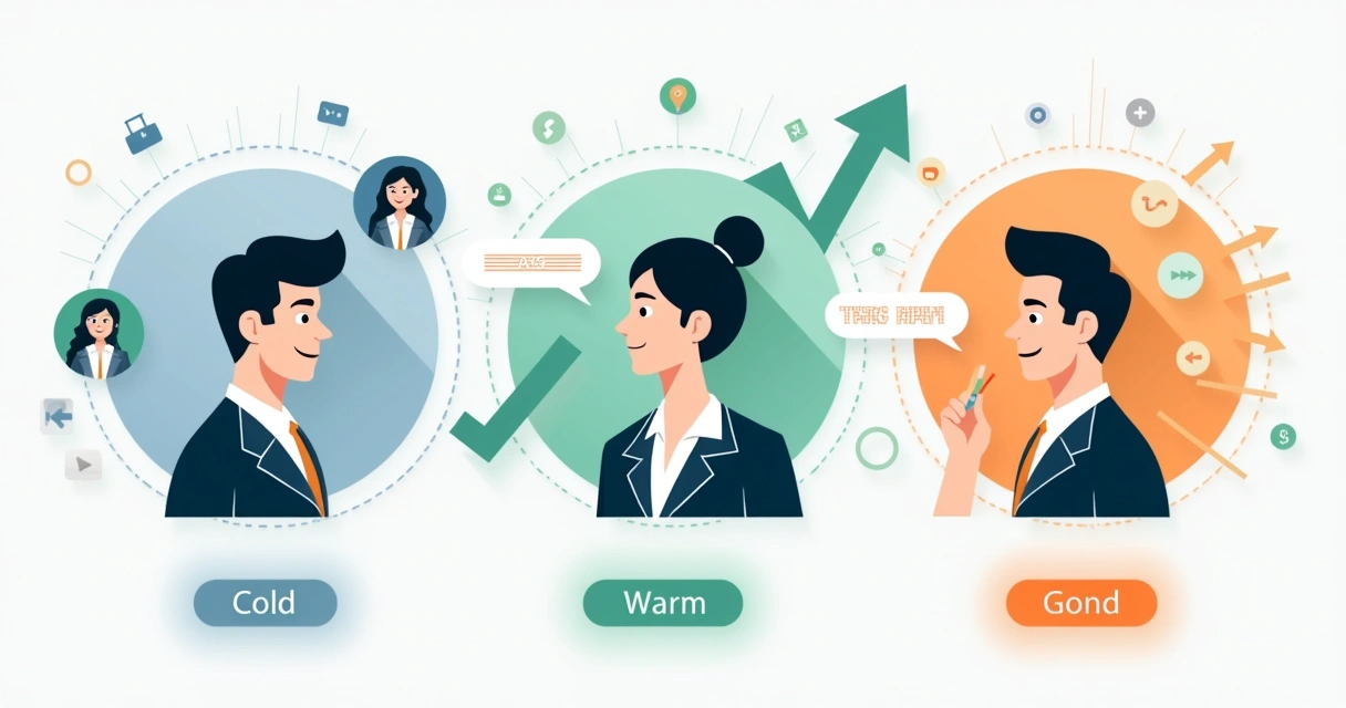 Ilustração corporativa mostrando três perfis de leads: frio com baixo interesse, morno reconhecendo problema e quente considerando soluções 