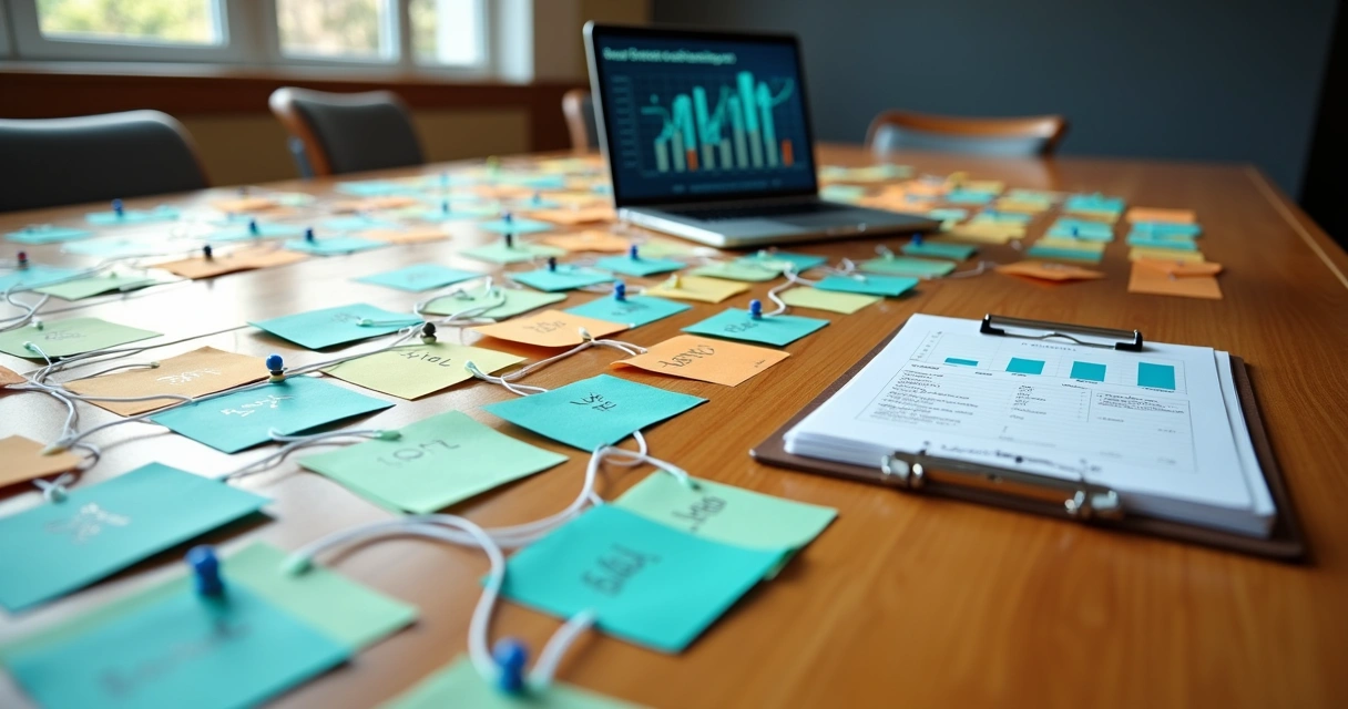 Mesa com fichas coloridas representando leads conectadas por linhas de corda 