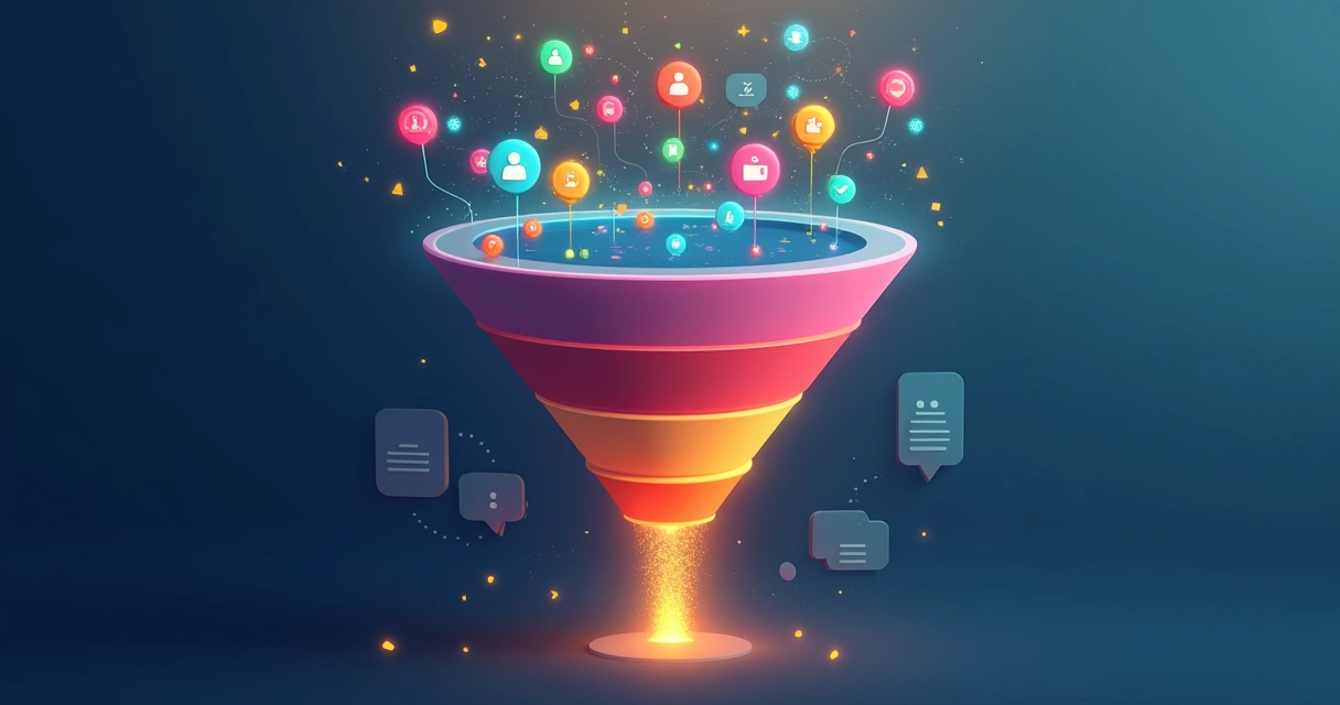 Gráfico ilustrando o funil de vendas B2B com filtros de qualificação automáticos e fluxo de leads visual 