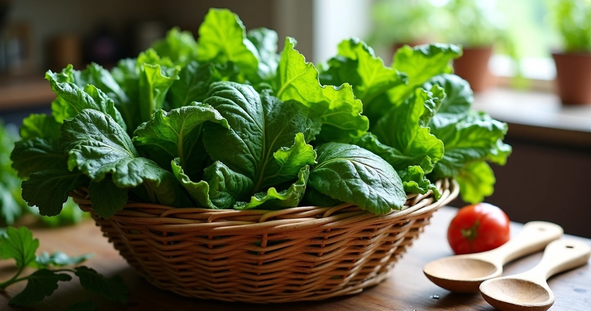 Basket with various leafy greens like spinach, kale, chard and lettuce 