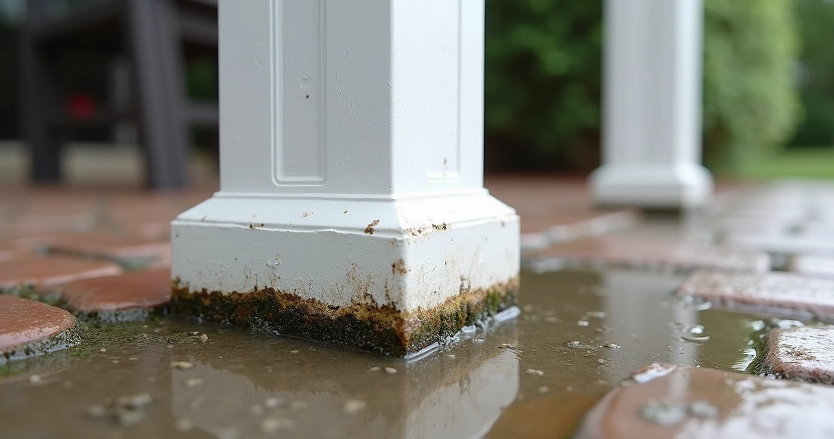 Water pooling around screen enclosure post and softened soil 
