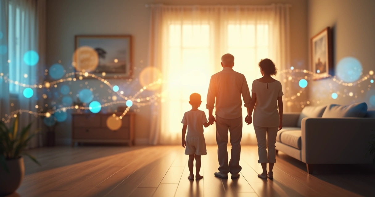 Silhuetas de três gerações de uma família ligadas por linhas sutis de luz 