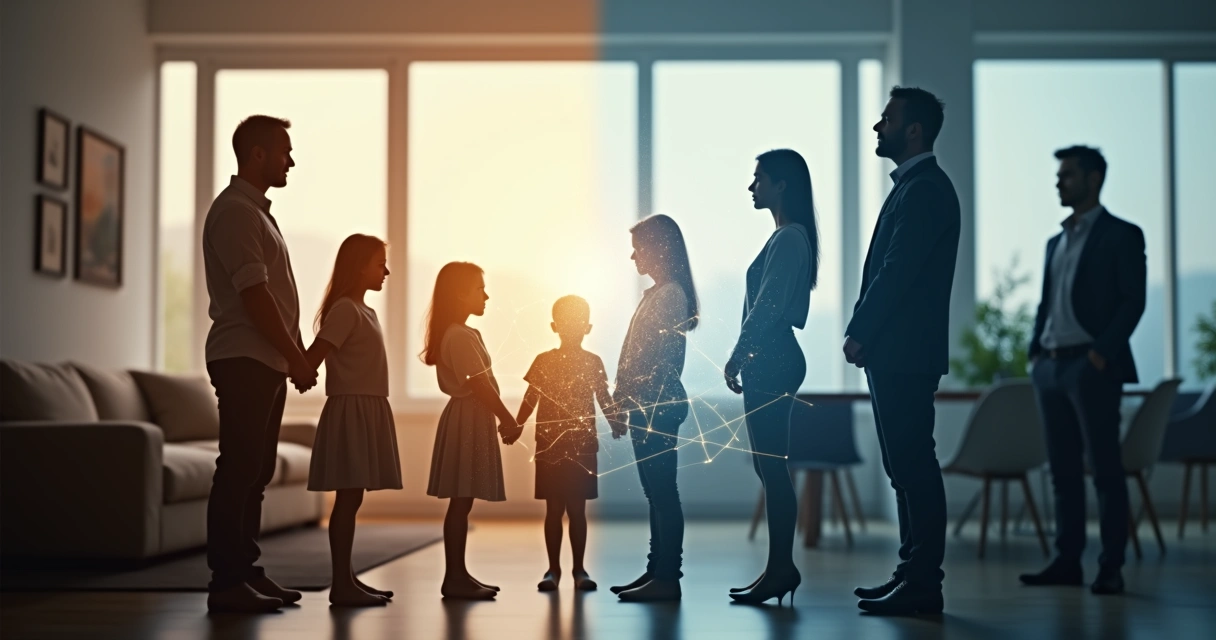 Duas silhuetas, uma família e um grupo empresarial ligados por fios invisíveis 