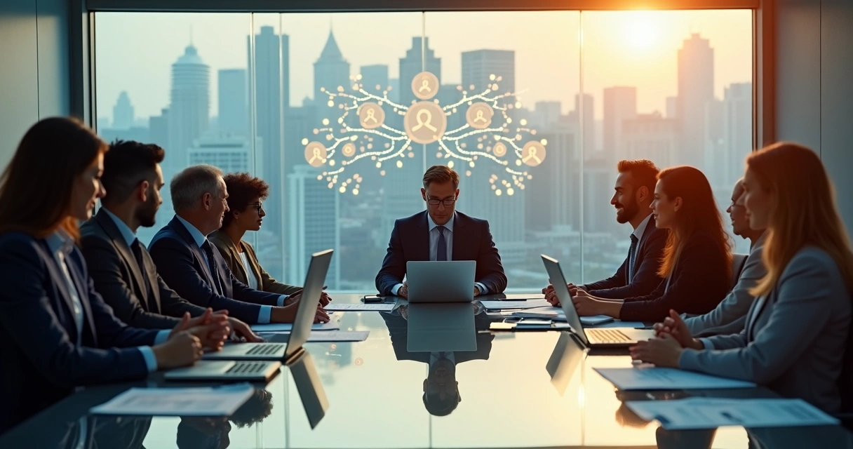 Executivos em reunião com silhuetas de conexões invisíveis ao fundo 