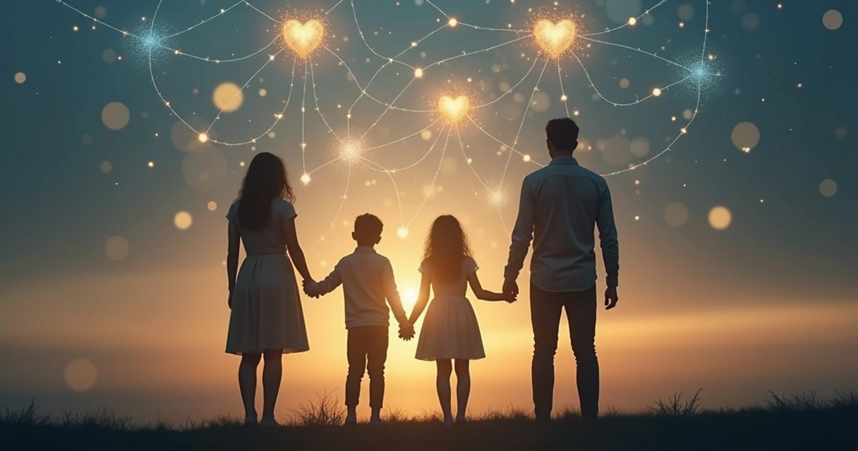 Silhuetas de família conectadas por fios sutis representando lealdades ocultas 