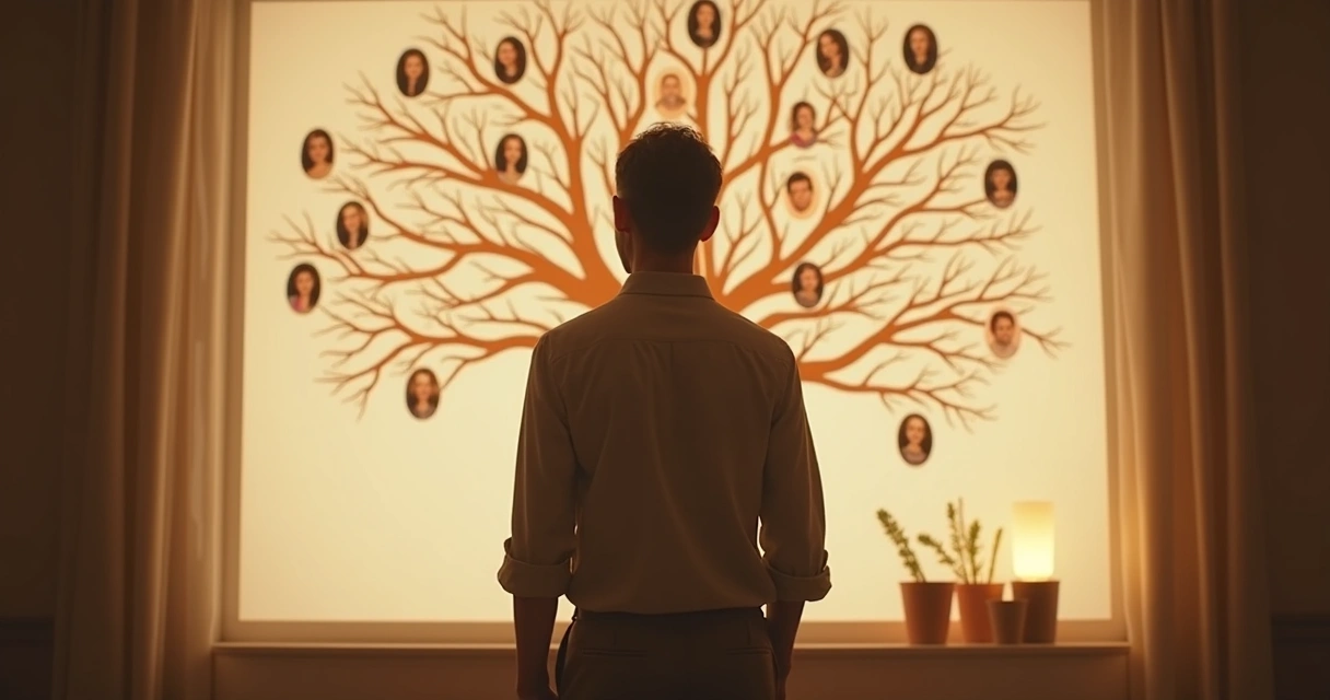 Persona de espaldas mirando árbol genealógico ilustrado en la pared 