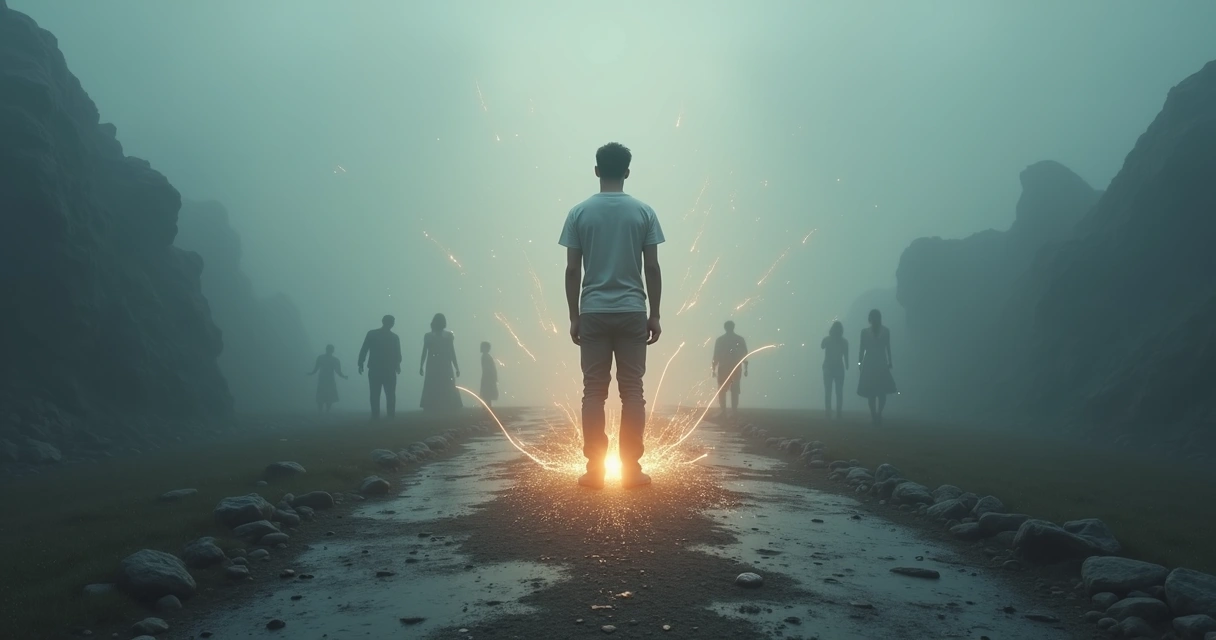 Persona rompiendo cadenas invisibles en un paisaje interior 