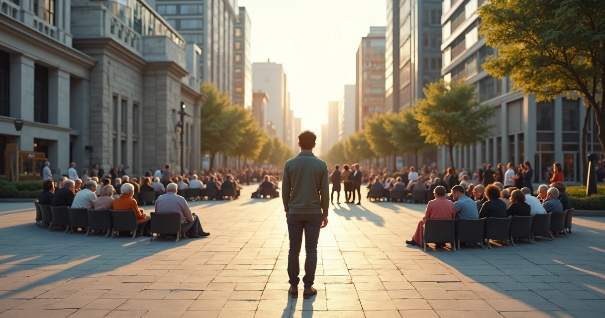 Persona frente a un cruce de caminos entre tradición y cambio en un entorno urbano moderno 