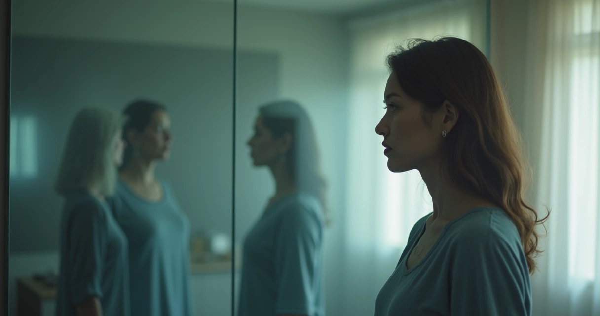 Persona mirando su reflejo fragmentado en varios espejos con siluetas familiares detrás 