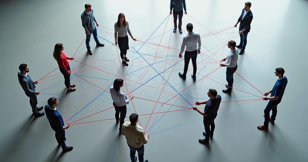 Personas conectadas por hilos cruzados en un sistema social visto desde arriba 