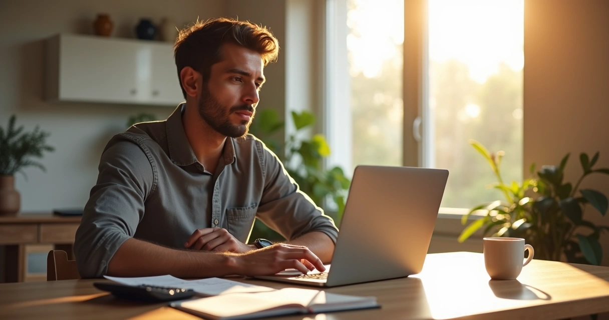 Homem estudando educação financeira em casa, com agenda e computador 