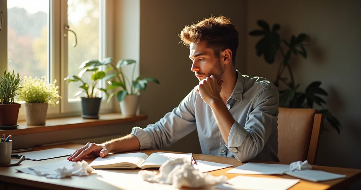 Person sitting at a desk reflecting with a notebook and crumpled papers nearby 