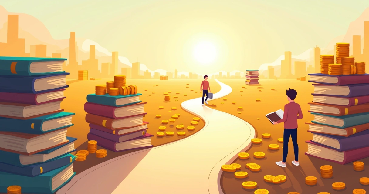 Pathway with books and coins representing the journey of learning and earning