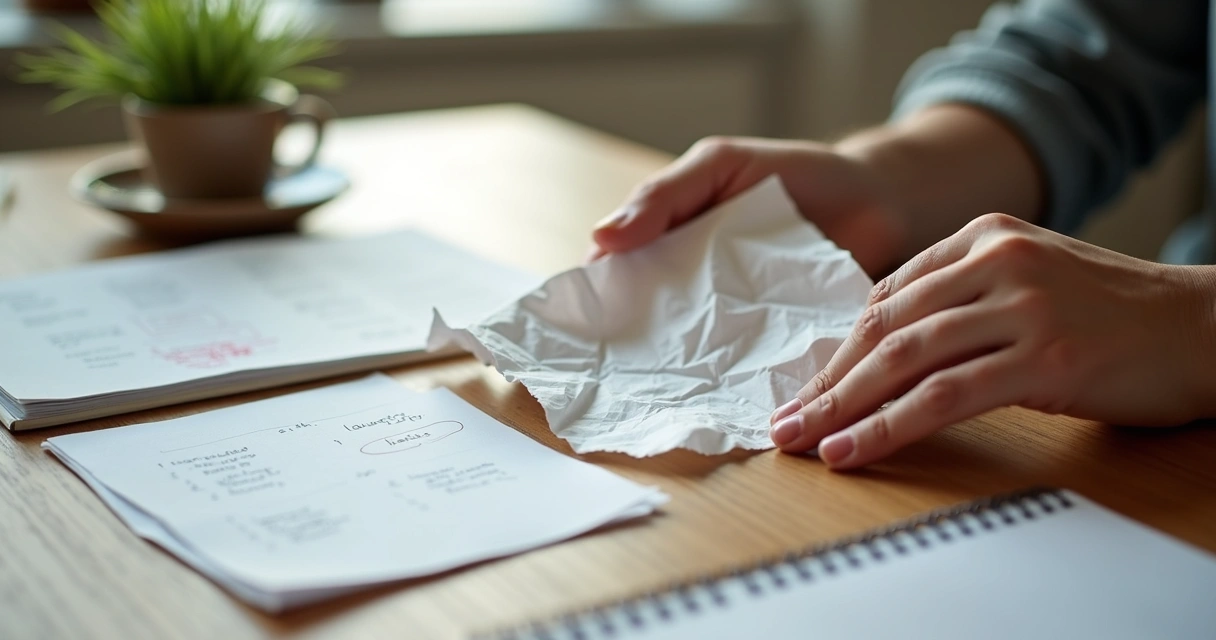 Person looking at a crumpled paper then writing a new page, symbolizing learning from mistakes 