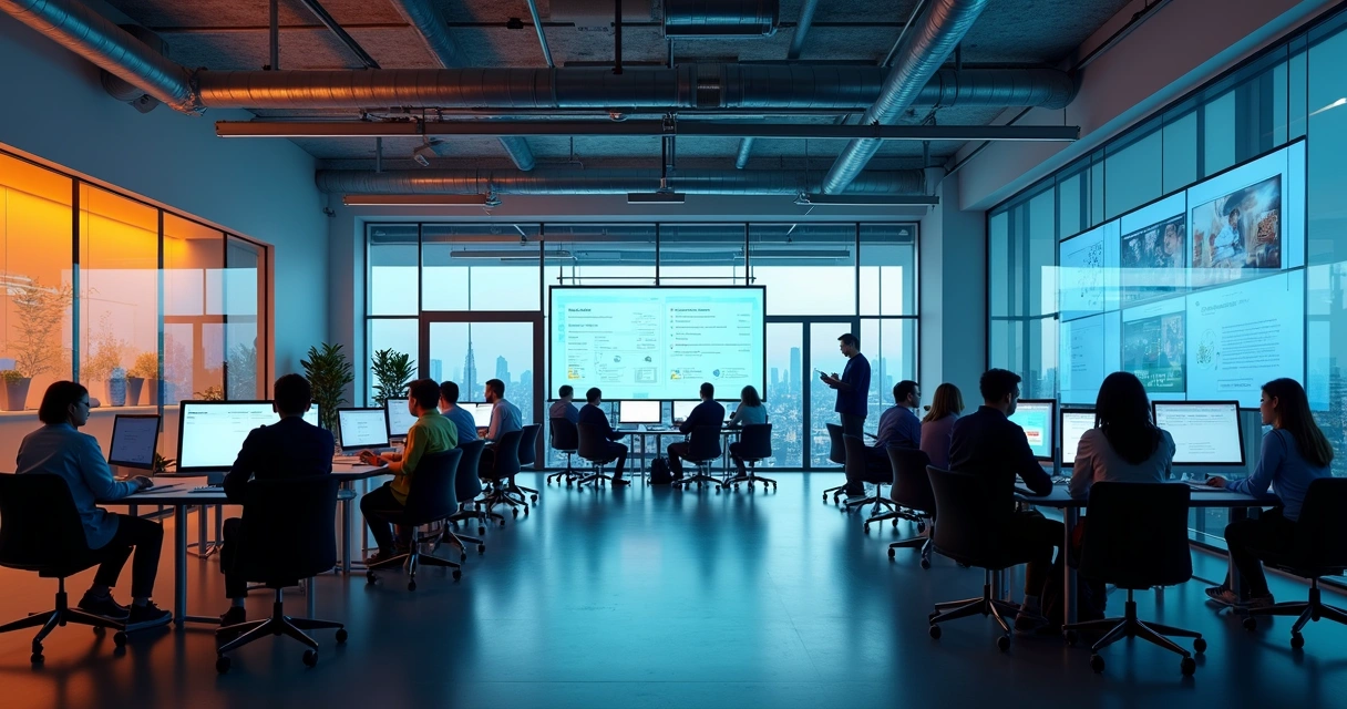 Ambiente moderno de Learning Hub com estúdios de gravação e produção de conteúdo 