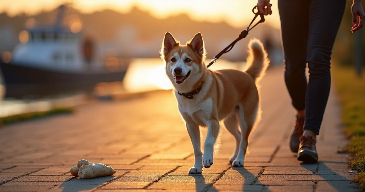 Dog on leash ignoring food on sidewalk during walk 