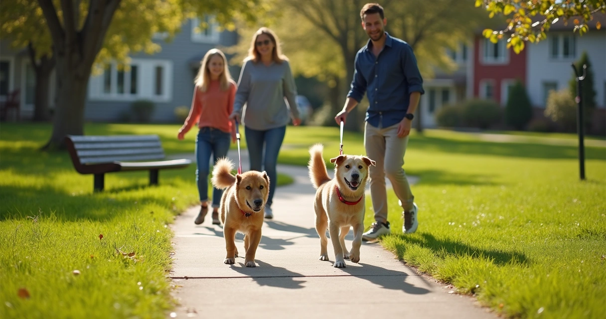 Two leashed dogs greeting in a park 