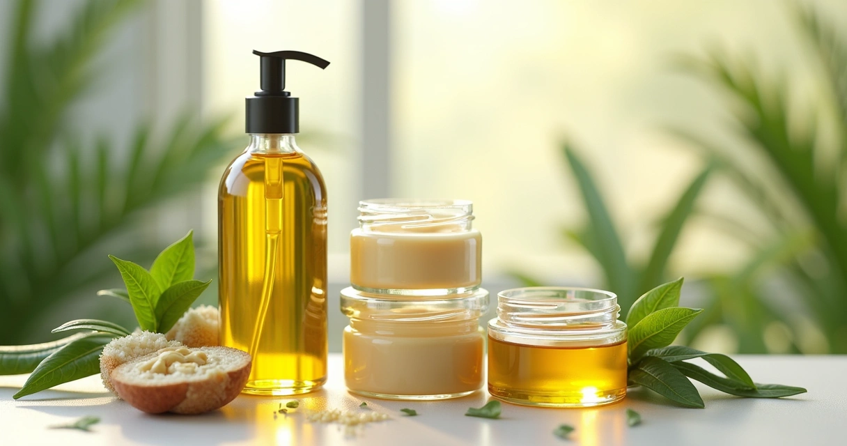 Frascos de leave-in natural com óleos e manteigas vegetais em fundo neutro com folhas verdes ao redor 