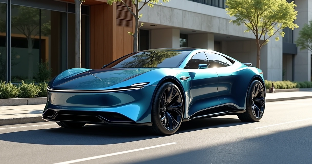 Lecar 459 híbrido brasileiro estacionado em ambiente urbano moderno, luz natural refletindo na lataria azul metálica, detalhes do motor flex unido ao sistema elétrico visíveis, fundo com prédios e árvores, ambiente limpo e sustentável 
