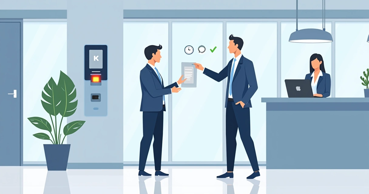 Lector biométrico en recepción de oficina con personal registrando asistencia 