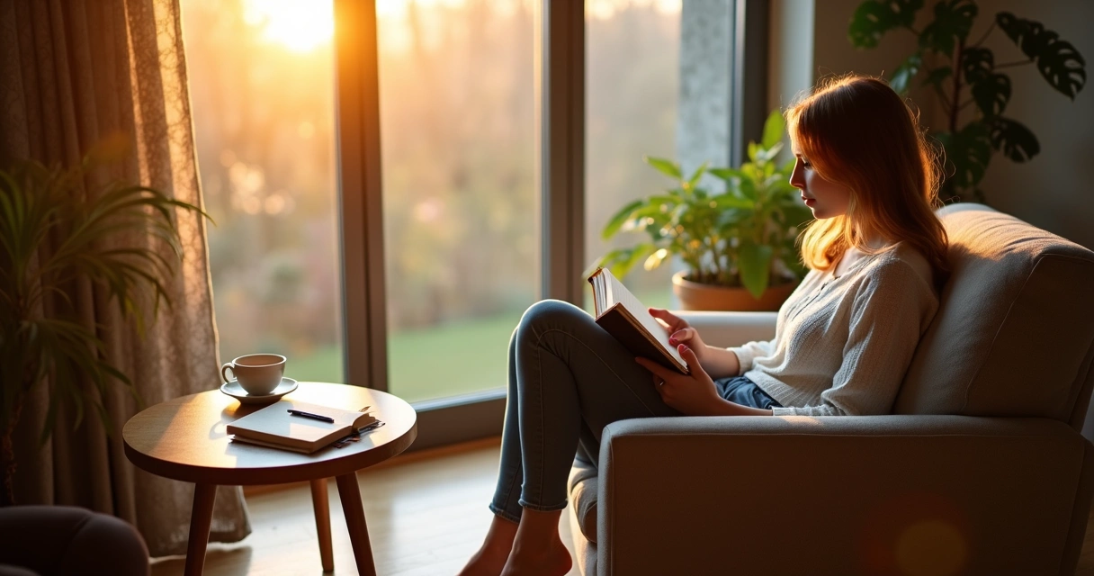 Persona leyendo un libro en un espacio tranquilo al amanecer 