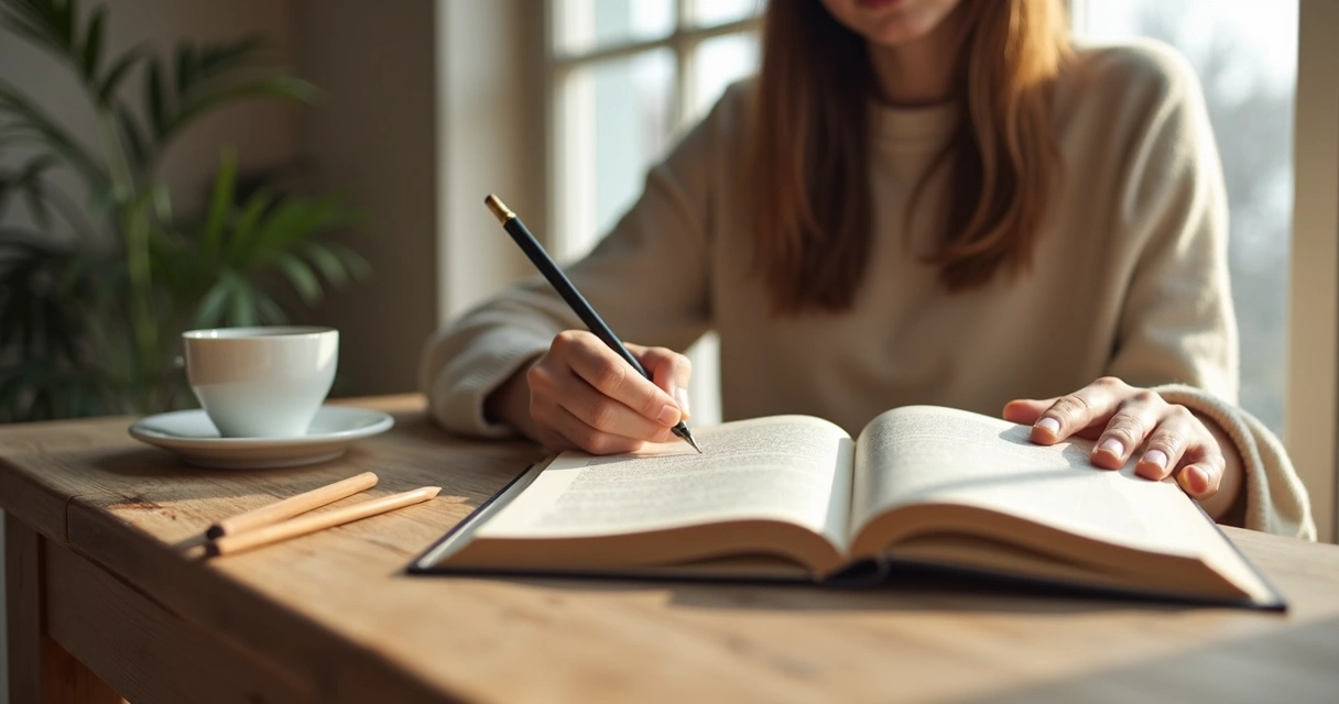 Persona leyendo y escribiendo notas en un cuaderno junto a una ventana