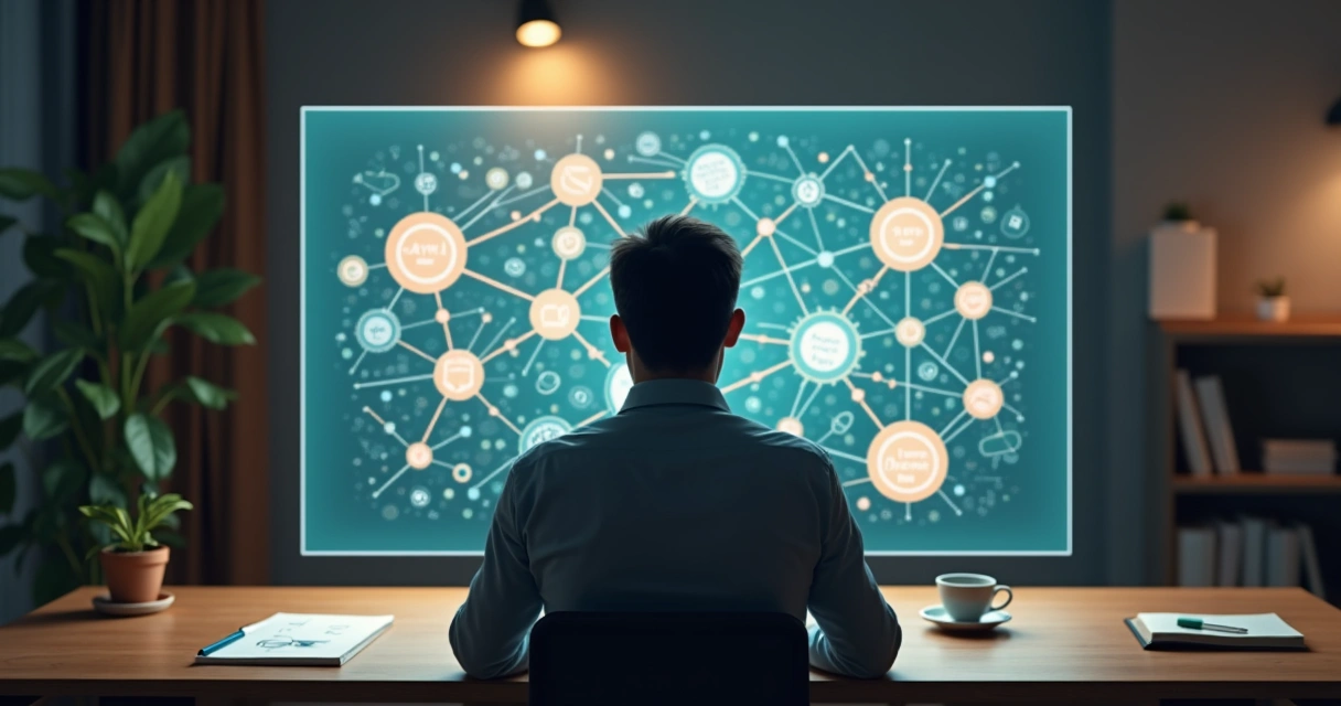 Persona observando un diagrama sistémico con conexiones y patrones interrelacionados 