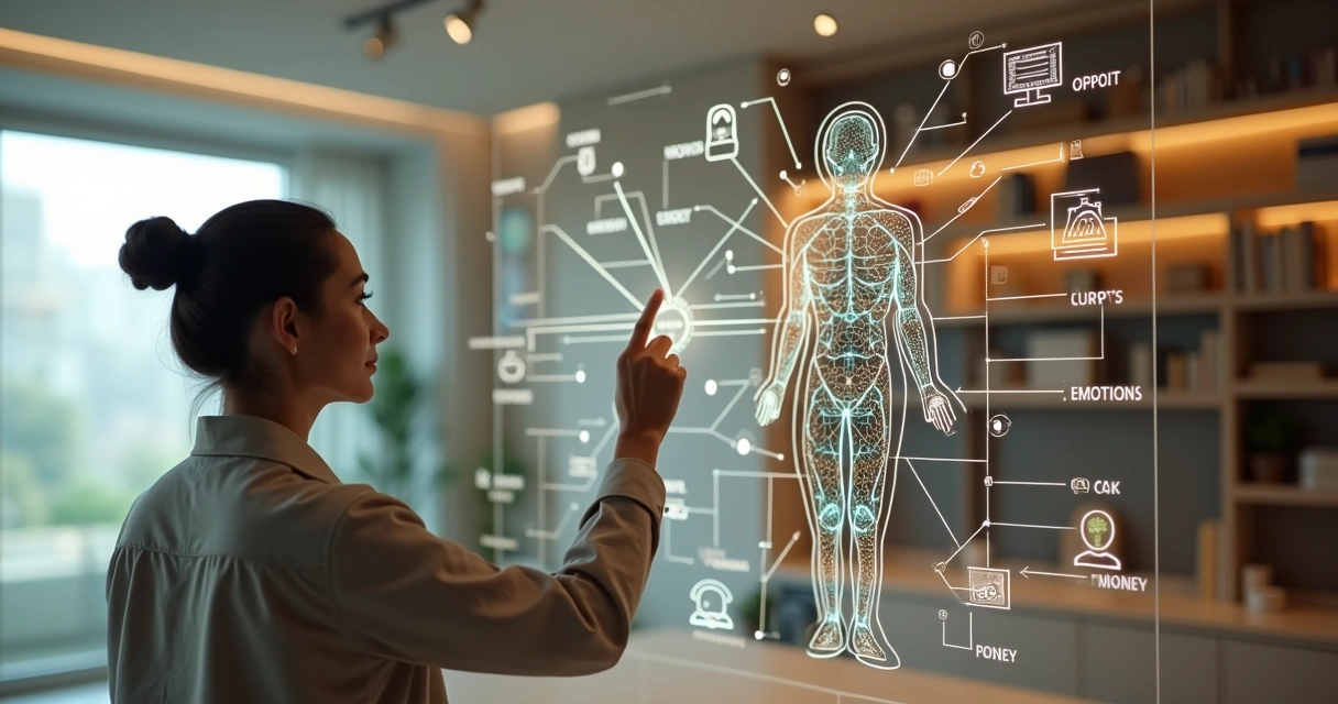 Persona observando su vida representada como un mapa sistémico interconectado 