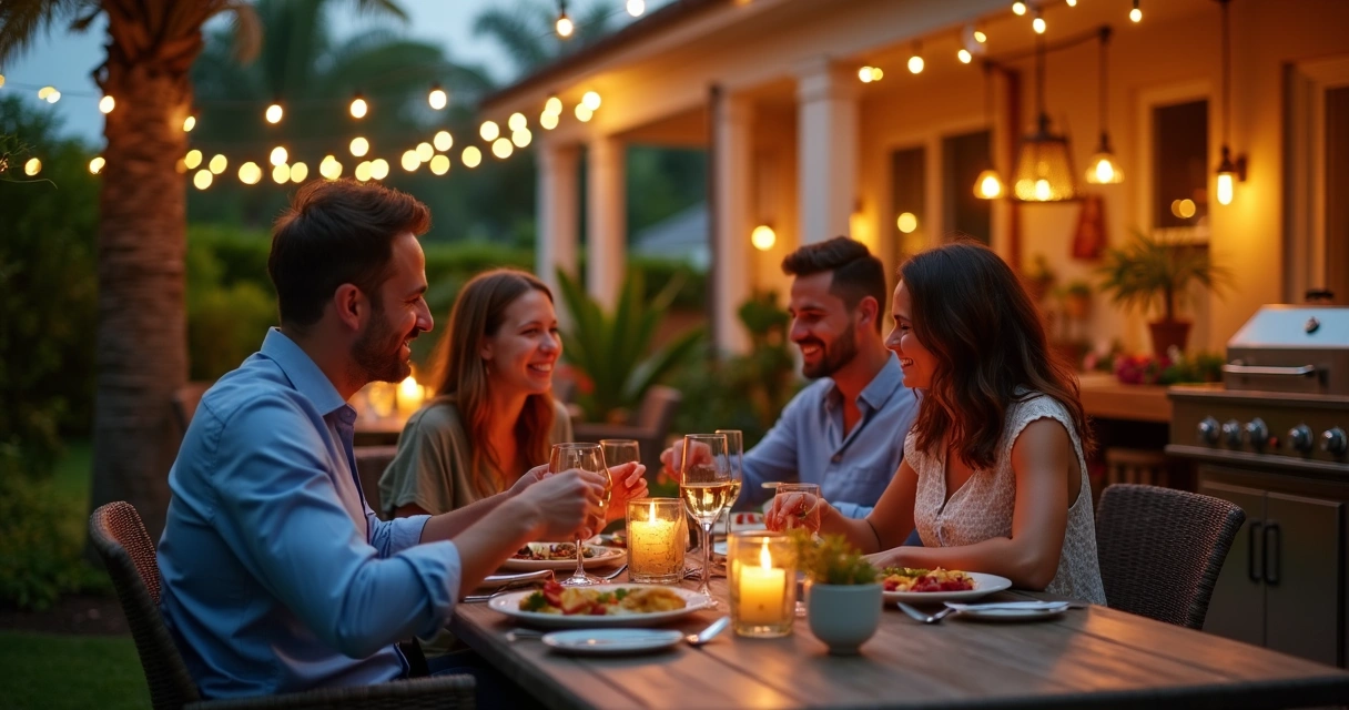 Family dining in well-lit outdoor kitchen with LED lights 
