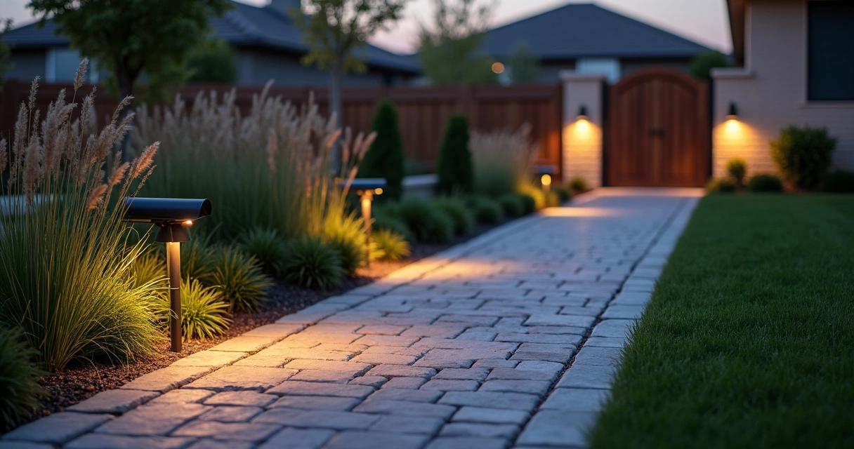 LED lighting for stone walkway with plants, HOA community, night Central Florida 