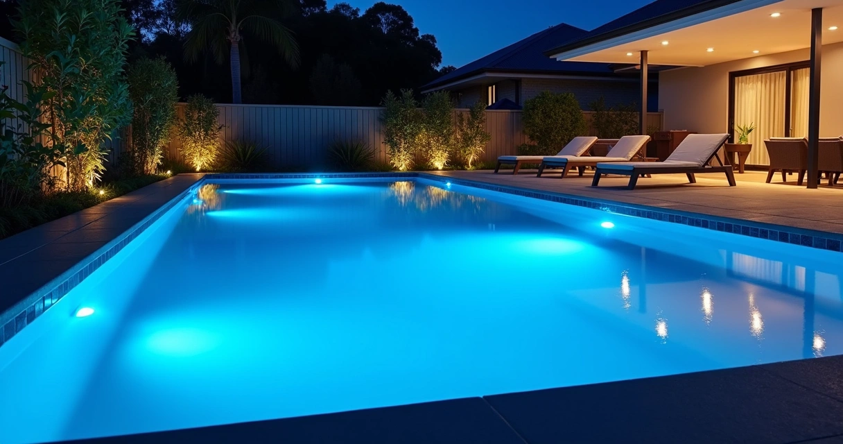 Blue LED lights illuminating a backyard pool at night 