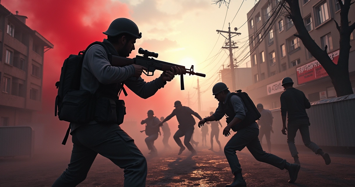 Duas pessoas combatendo zumbis em um cenário apocalíptico com armas, um sobrevivente ferido ao lado.