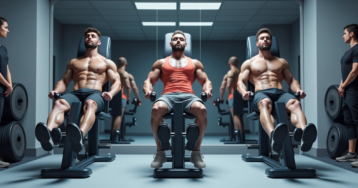 Três variações de leg press em um ambiente de academia.
