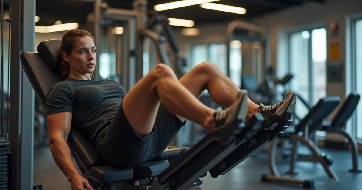Pessoa usando aparelho leg press 45 graus na academia 