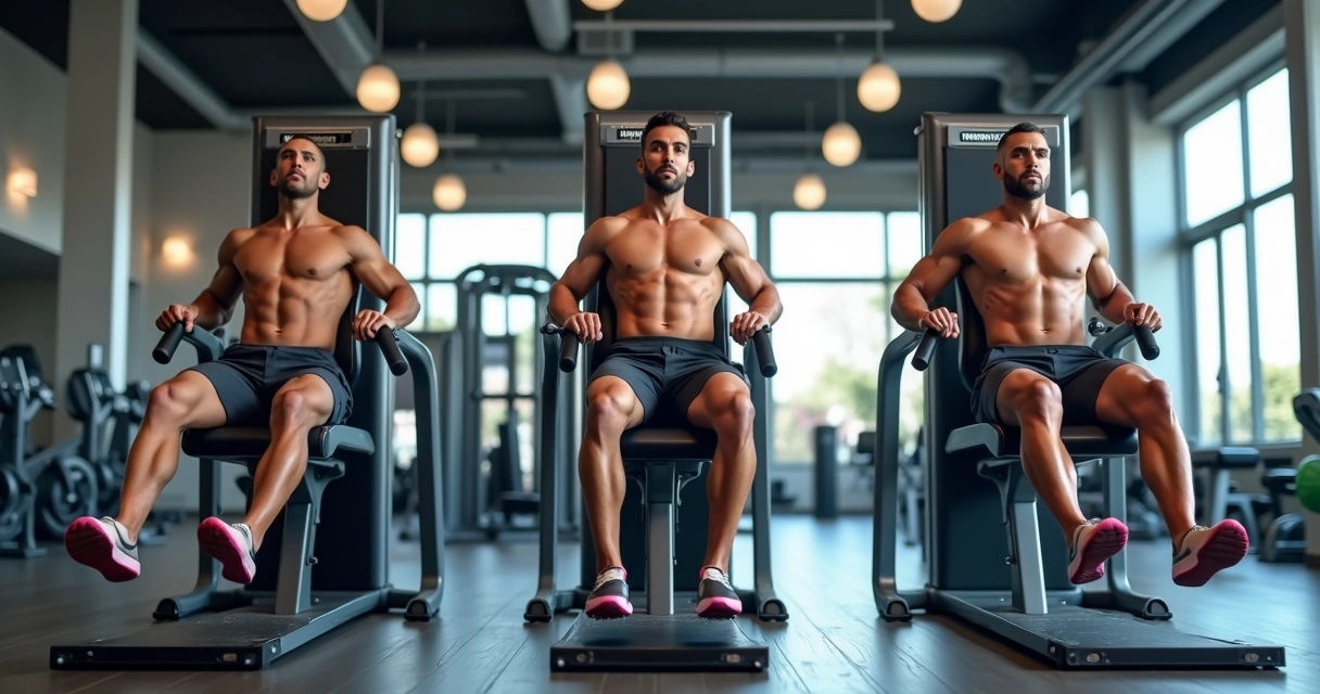 Diferentes tipos de leg press na academia com detalhes da máquina e posicionamento dos pés 