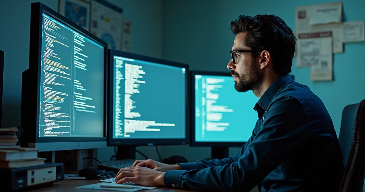 Analista olhando tela de computador com códigos antigos e fluxogramas 