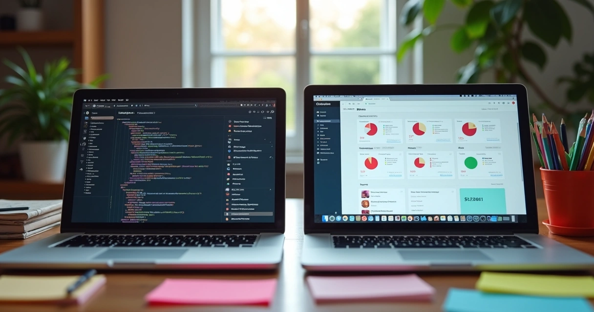 Side-by-side comparison of legacy PHP and modern Laravel app interfaces on laptops. 