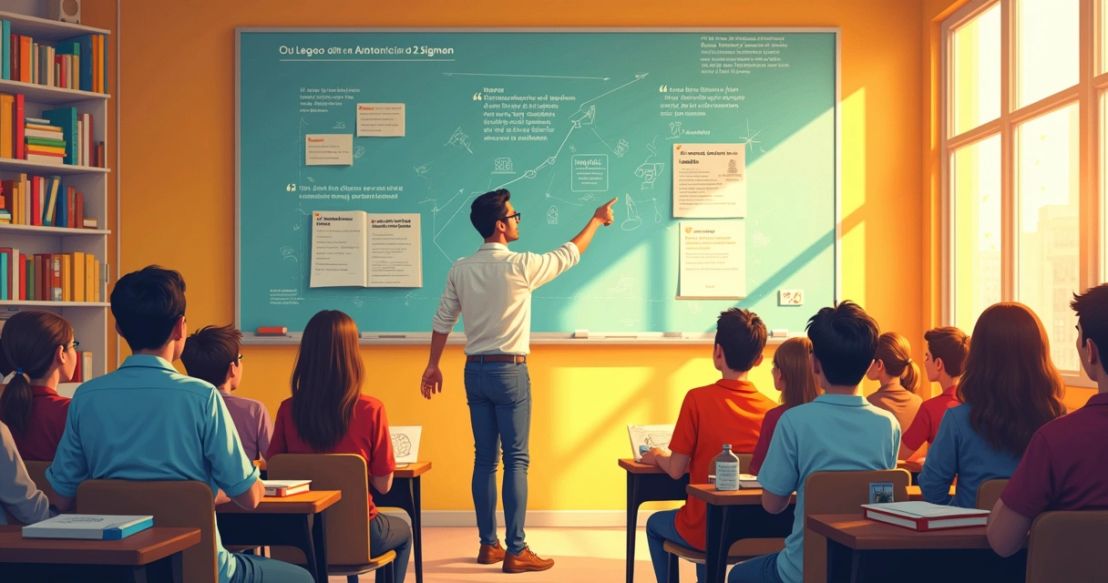 Professor orientando alunos diversos em sala de aula iluminada sobre o legado de Benjamin Bloom.