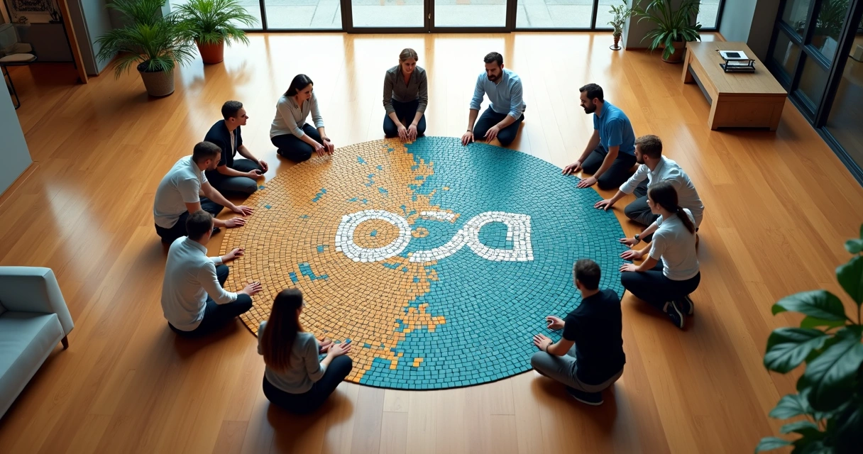 Executivos montando mosaico colorido em formato de logo no chão de escritório 
