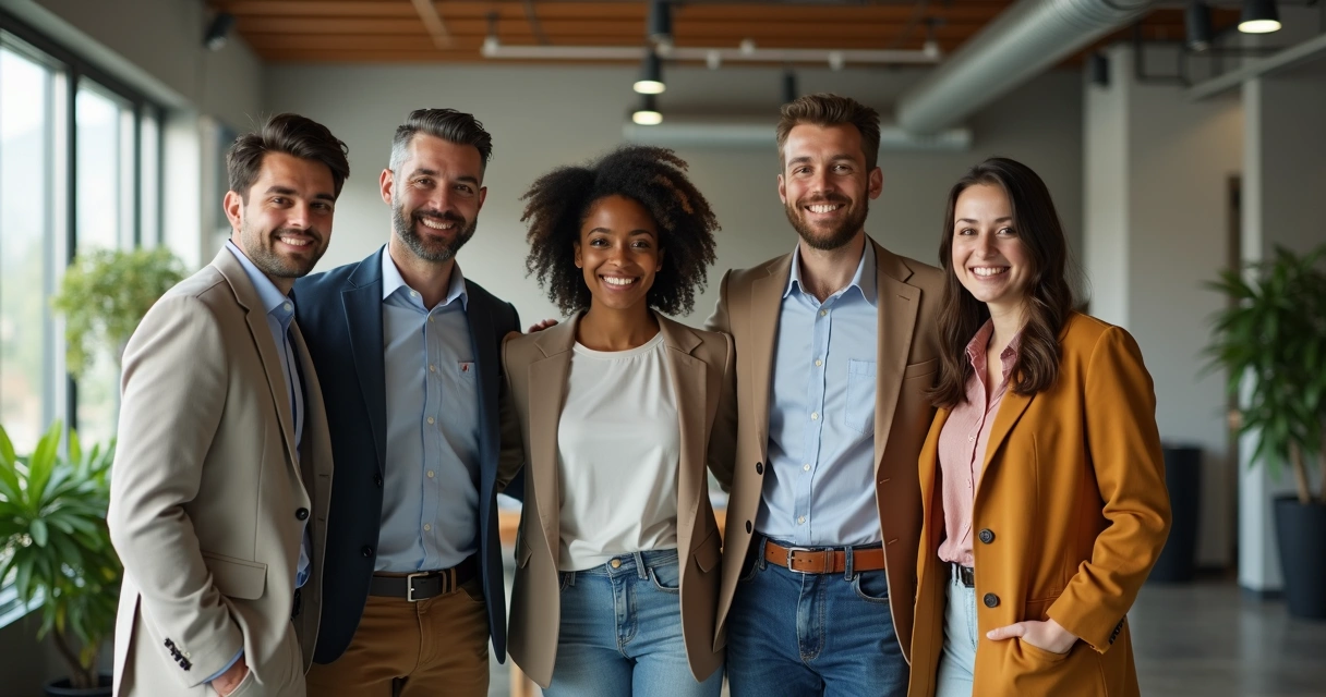 Equipe de profissionais sorrindo em ambiente de trabalho harmonioso 