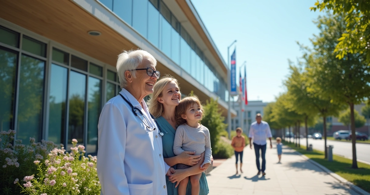 Médica idosa olhando com orgulho para clínica, família ao lado 