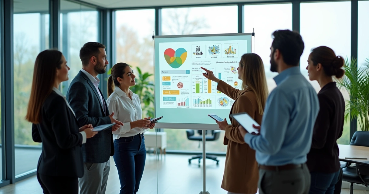 Equipe diversa em reunião observando painel com indicadores humanos e impacto social 