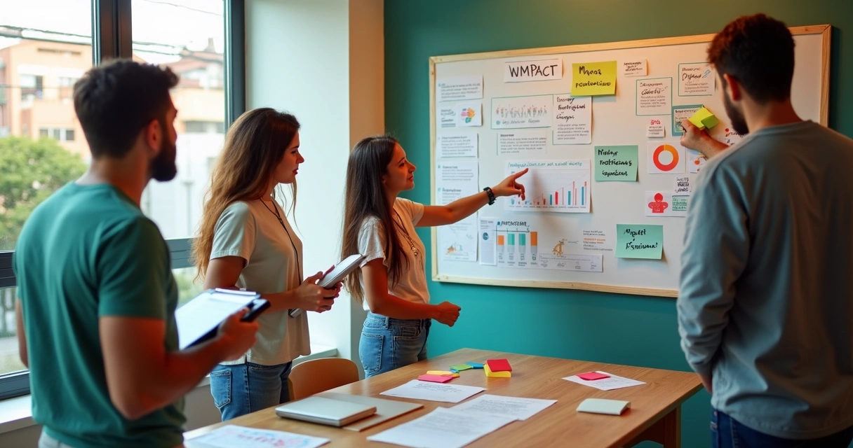 Equipe diversa avaliando impacto humano de projeto social em mural com indicadores 