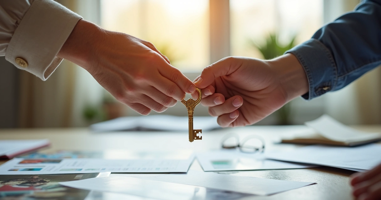 Mãos passando uma chave dourada para outra mão, simbolizando legado e impacto financeiro 