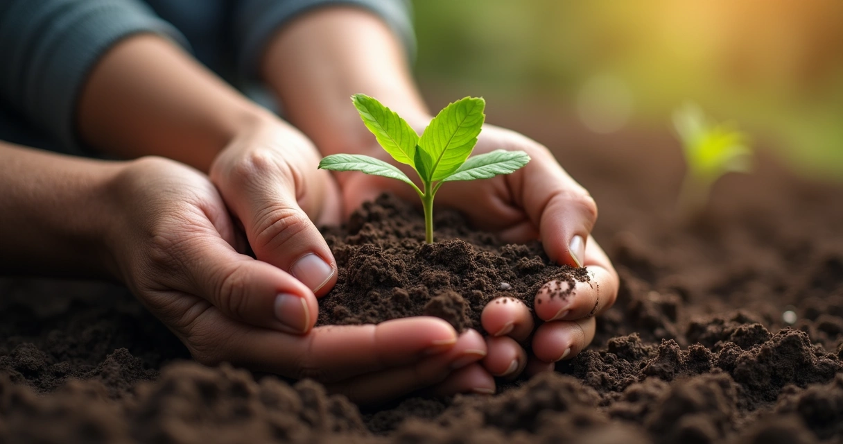 Mãos de diferentes idades segurando uma muda de planta crescendo no solo 