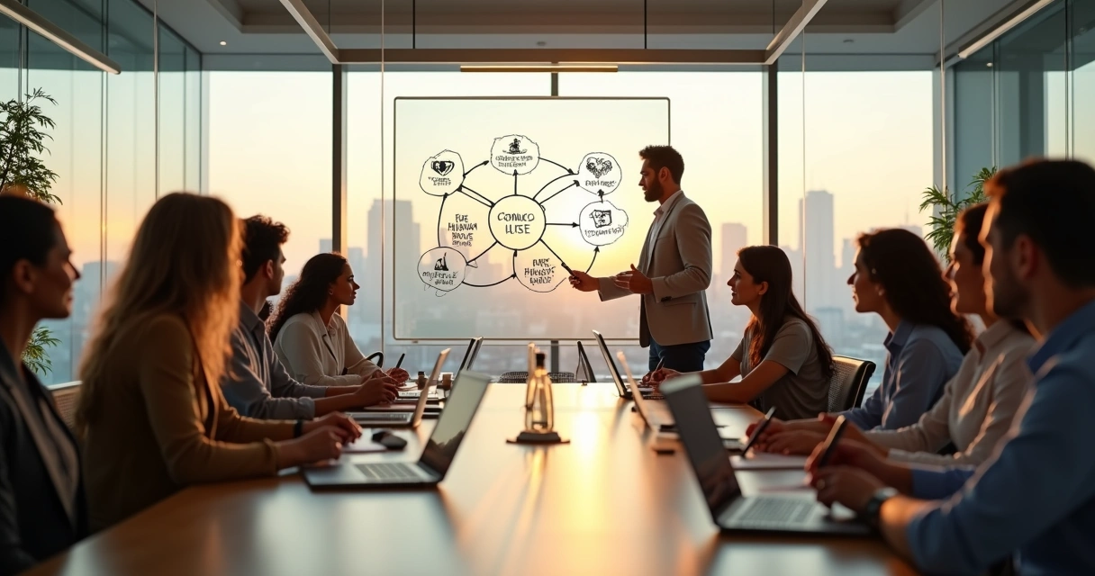 Líder corporativo apresentando visão de legado positivo para equipe em sala de reunião moderna 