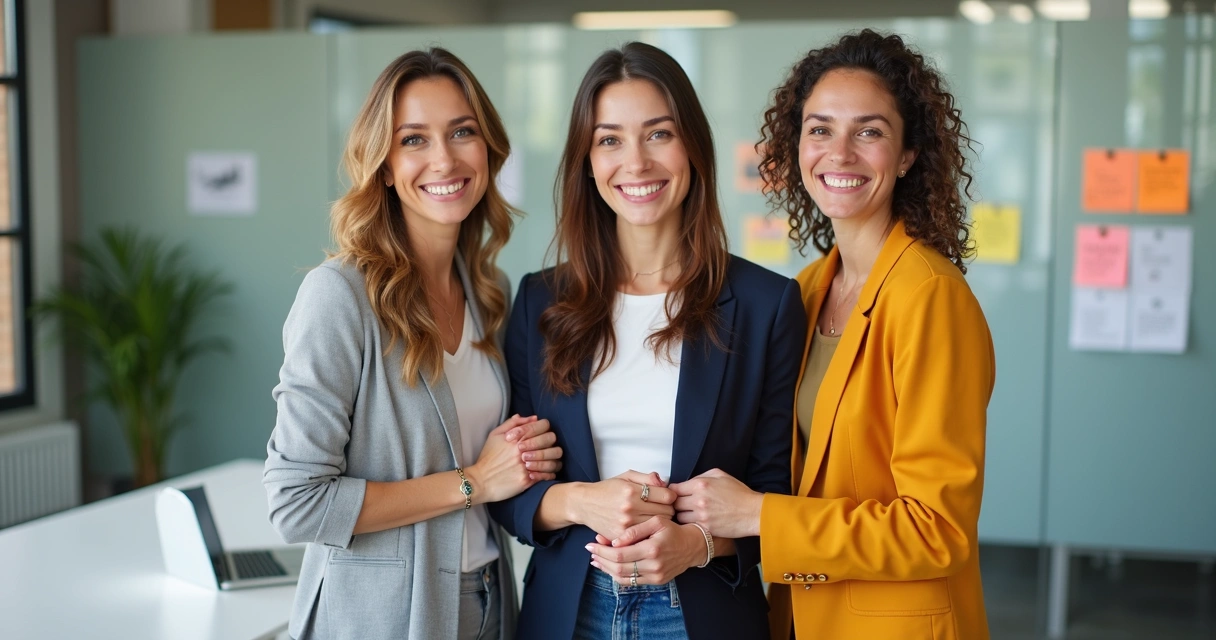 Mulher feliz com colegas no trabalho 