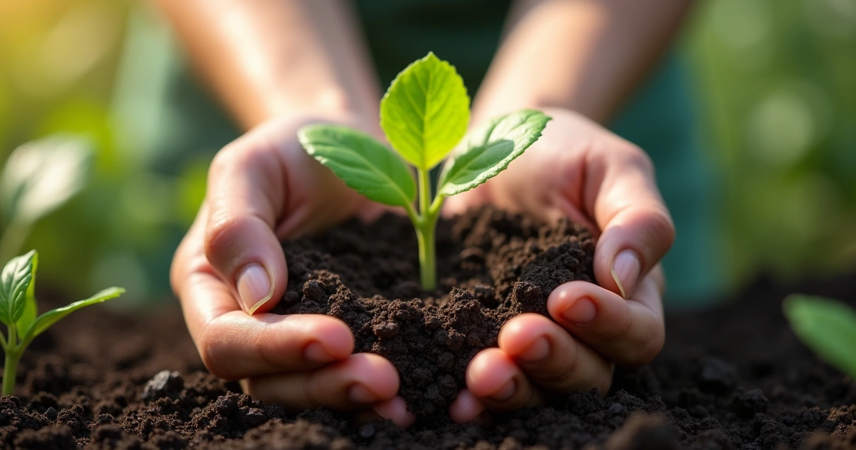 Mãos segurando uma pequena planta crescendo em solo fértil 